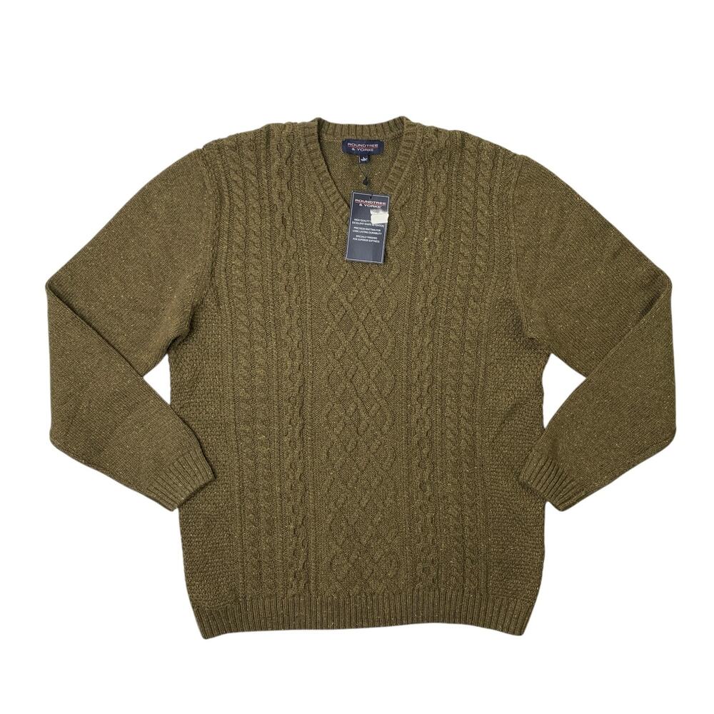 Roundtree & Yorke Sweater Men L Large Avocado Green Cable Knit V Neck Wool Blend